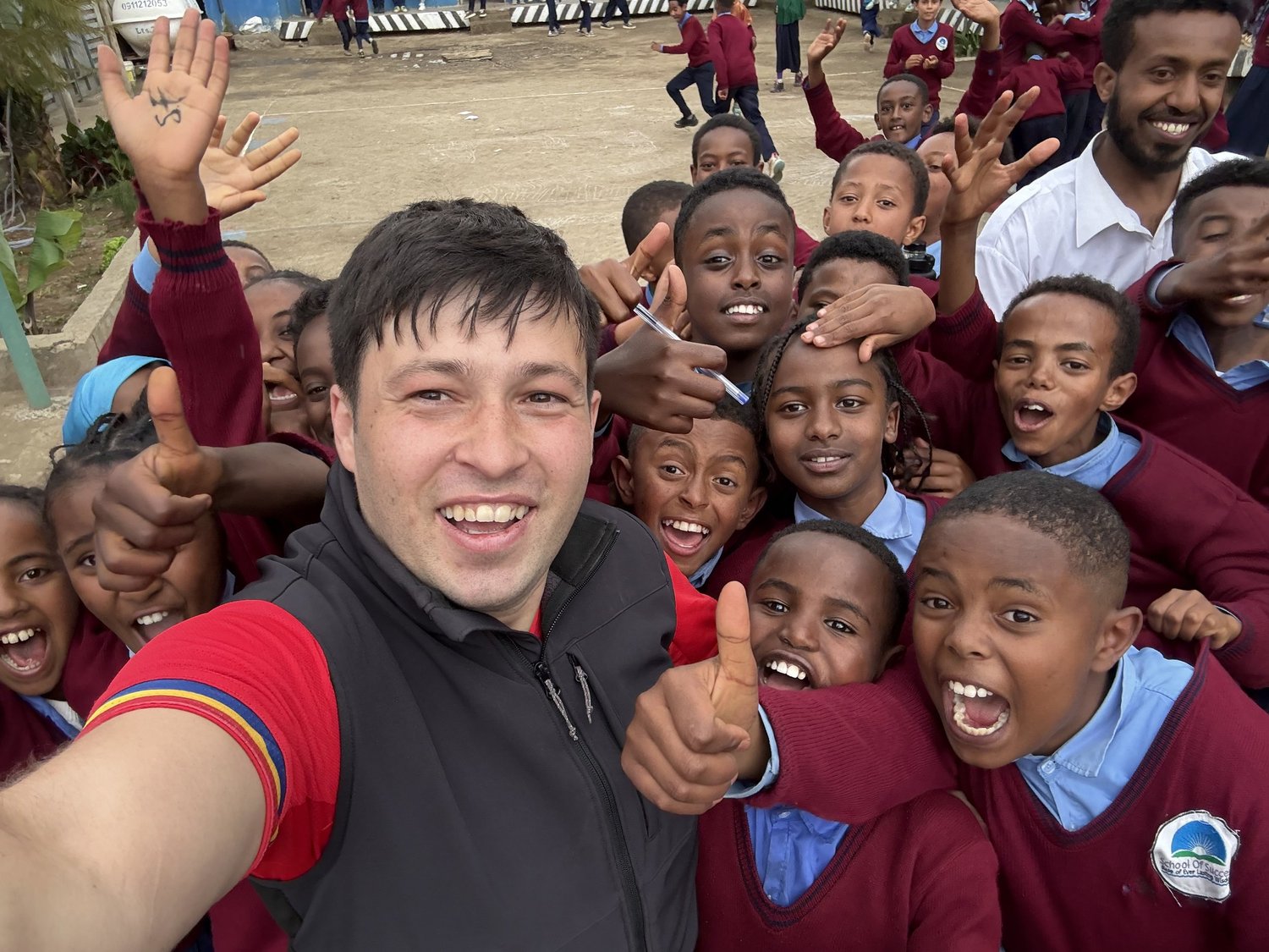 A selfie with school children in Ethiopia